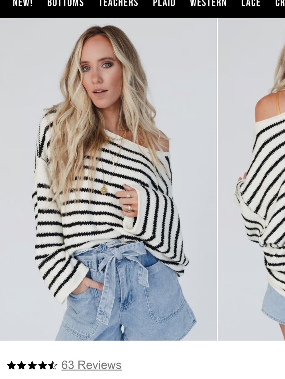 Three Bird Nest Navy & Ivory striped Off-Shoulder Sweater